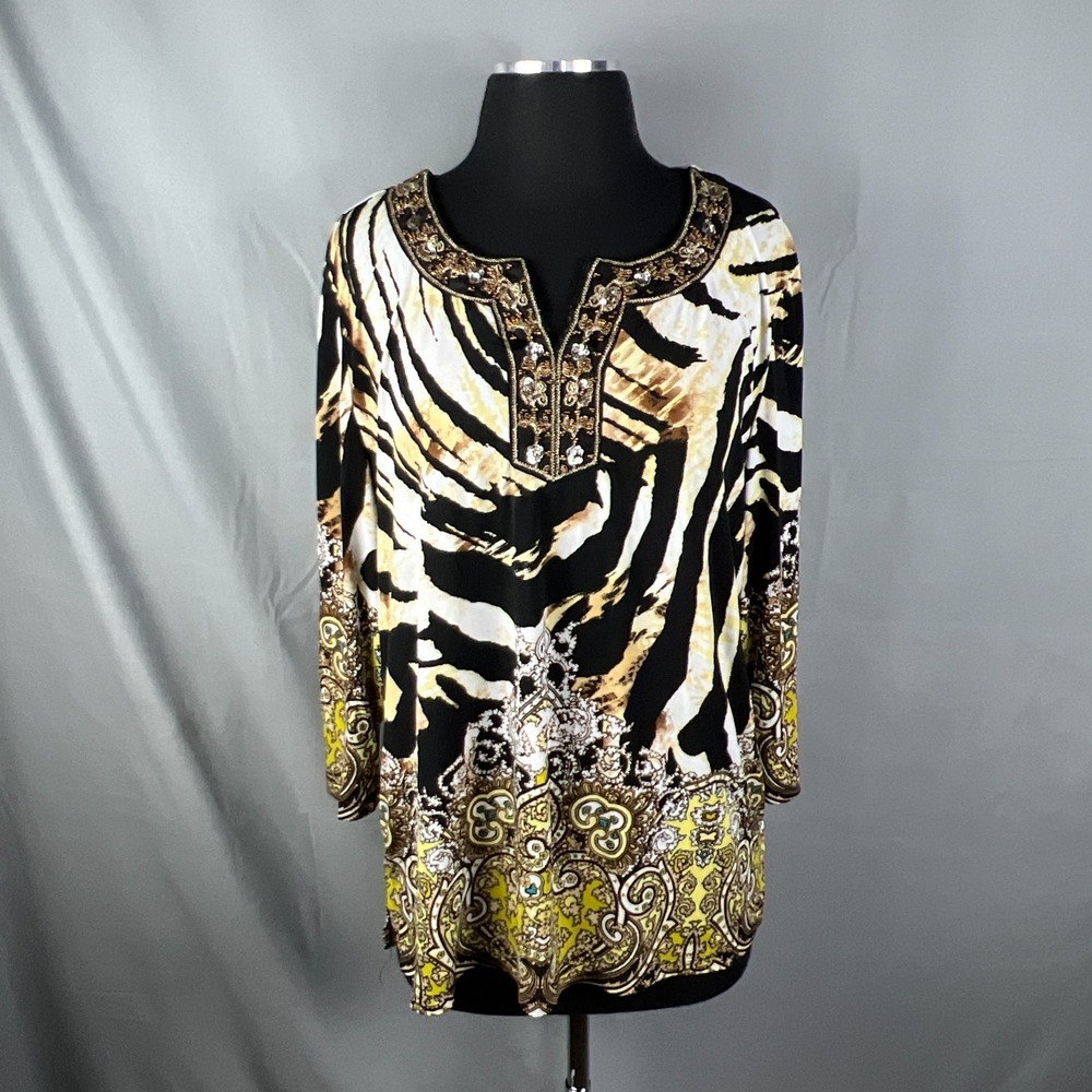 JM Collection Tunic Top Womens Petite XL Multi Animal Print Sequin Embellished
